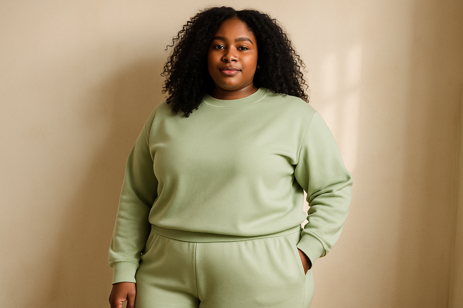 black girl in a light green sweat suit. No strings. Plus Size
