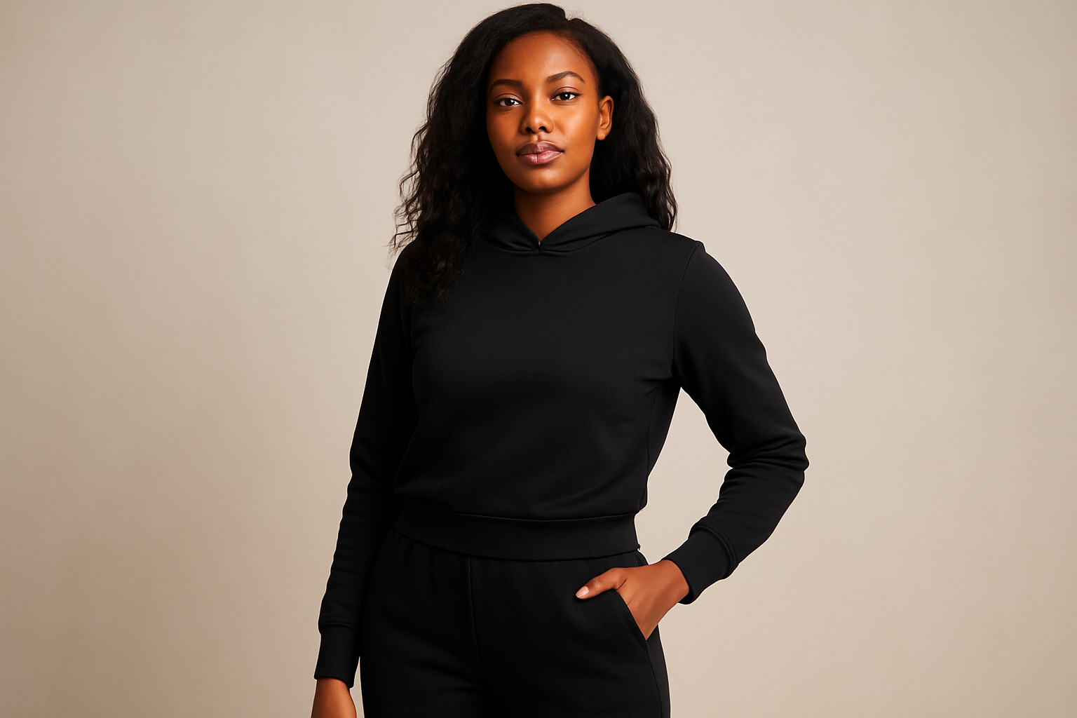 pretty black woman with black sweat suit on. No strings